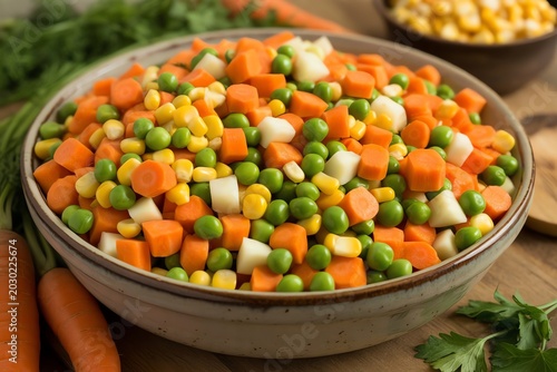 Close-up view of healthy mixed vegetables: peas, carrots, and corn in a rustic bowl, freshly prepared for delicious meal.