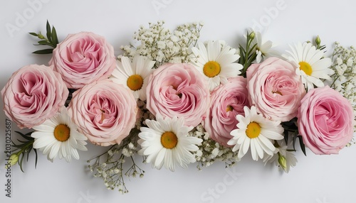 Elegant Pink Roses Daisies and Baby's Breath Floral Arrangement Border Isolated
