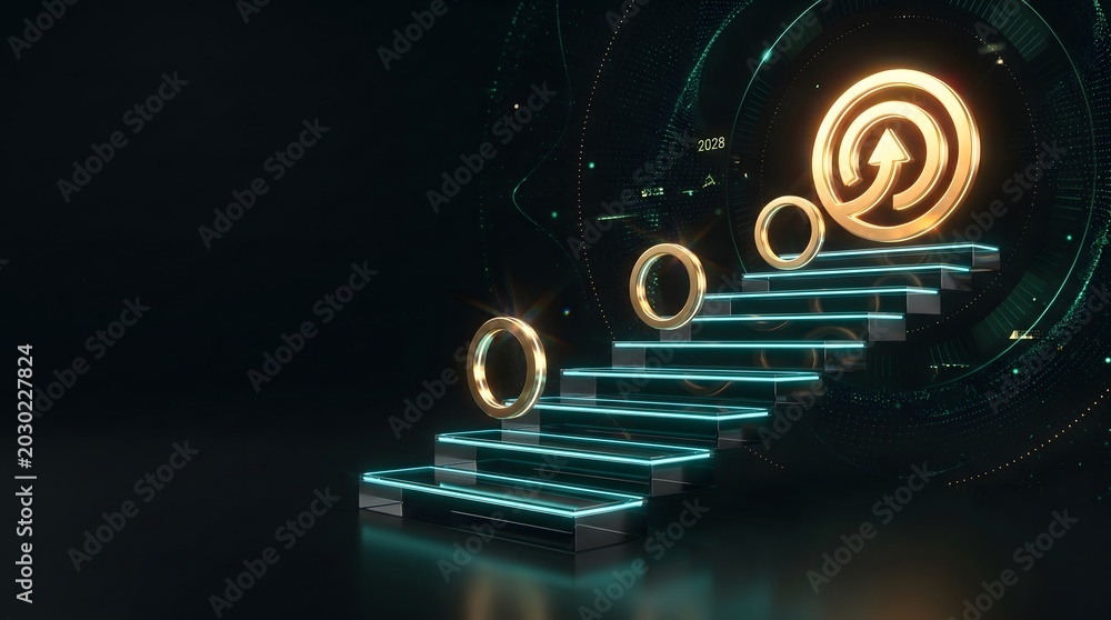 Fototapeta premium Glowing neon staircase with gold rings ascending to success in a futuristic dark background with blue lights and a large golden arrow