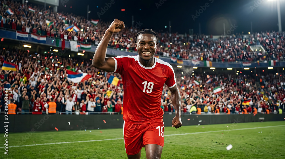 Naklejka premium Soccer player celebrates victory with cheering crowd