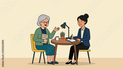 An elderly woman consulting with a professional woman in a friendly office setting.