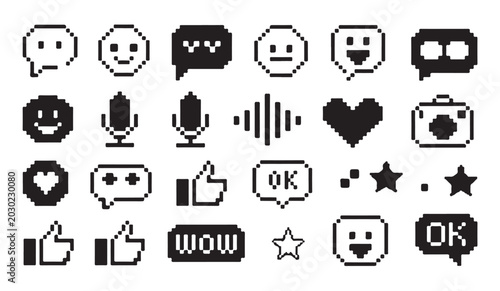 Fotografija Set of pixel art social media interface icons including speech bubbles and emotive graphics