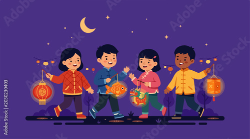 Diverse Group of Happy Children Holding Traditional Chinese Lanterns at Night.