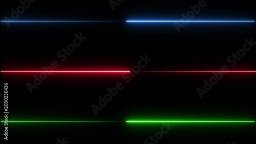 Abstract neon lines in blue red and green illuminate dark background in dynamic motion effect.