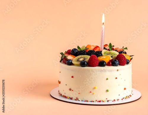A single-layer cake adorned with vibrant fruit and a lit candle. It rests on a white plate against a light, peachy background