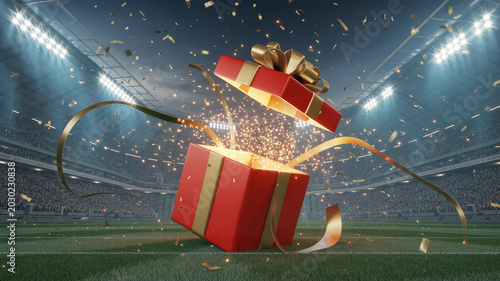 Red gift box with gold ribbon and confetti in a stadium, event planning