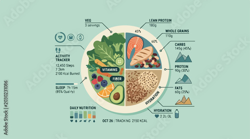 Healthy balanced diet plate infographic with daily nutrition tracking and food groups.