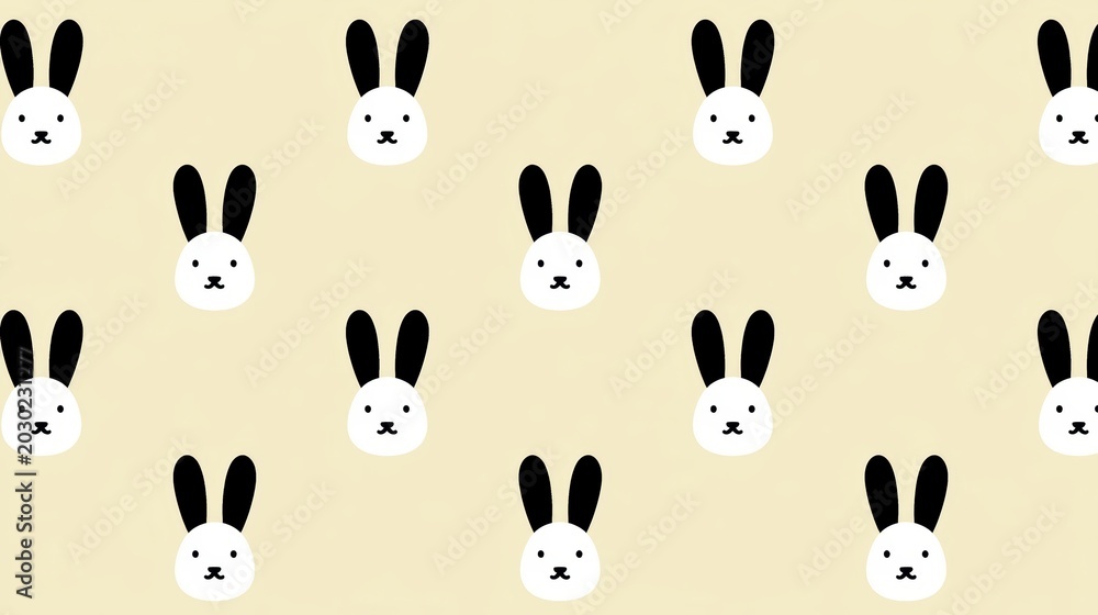Obraz premium Seamless repeating pattern featuring cute rabbit faces with long black ears on soft pastel yellow background creative design