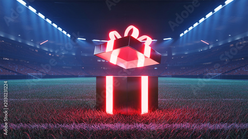 Red and white gift box with a bow on a green field under a stadium light
