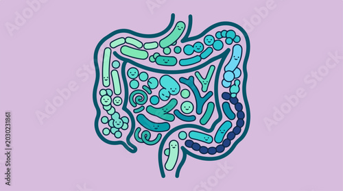 Illustration of Human Gut Microbiome with Bacteria inside Intestines.
