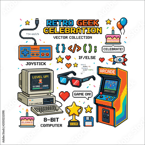 Retro geek celebration vector collection, pixel art elements, 8 bit computer, arcade game.