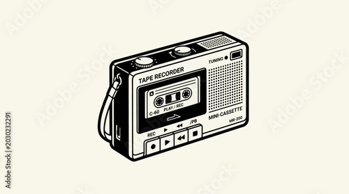 Black and white illustration of a vintage portable cassette player with buttons and a cord against a plain background.
