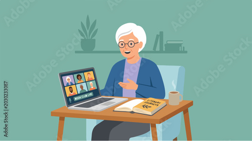Senior woman participating in a video conference on a laptop.
