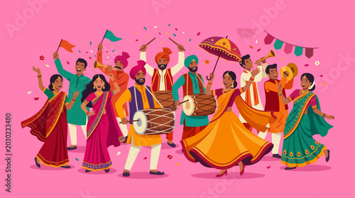 Vibrant Indian Cultural Celebration with Traditional Dancers and Musicians.