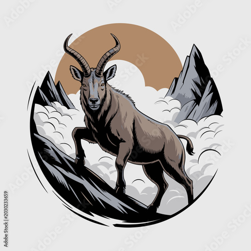 A brown goat standing on mountain.