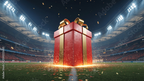 Large red gift box with gold ribbon and bow exploding with fireworks