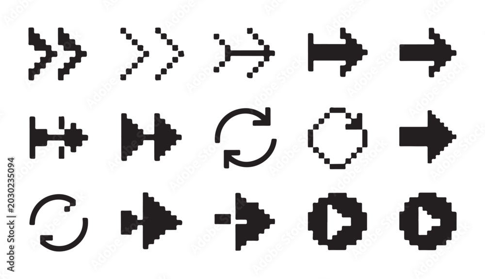© VANU - Pixelated arrow and symbol icons vector collection computer cursor navigation interface elements.