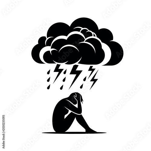 Fotografija Depressed person under a stormy cloud with lightning and rain.