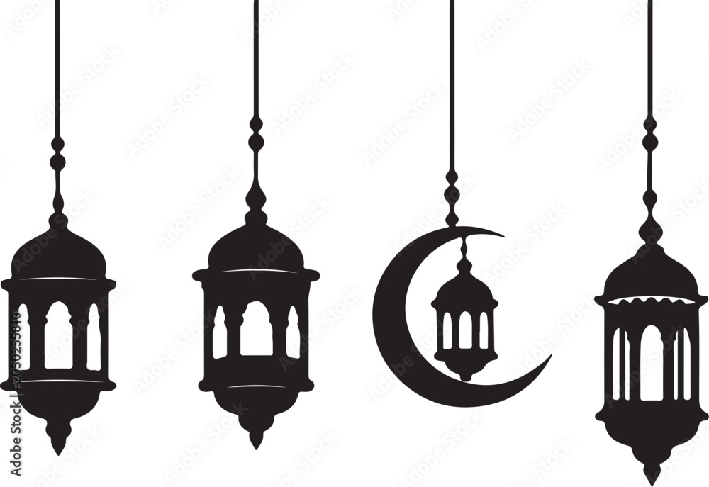 Obraz premium Ramadan human silhouette icons set with people praying, reciting the Quran, greeting and Islamic activities