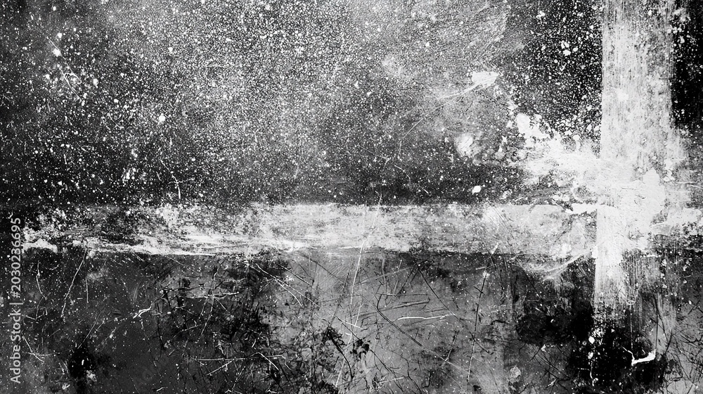 Obraz premium High contrast black and white abstract distressed texture, tiny white particles scattered on mottled dark base, thick white smudges and streaks clustered centrally and right side, chaotic thin lines