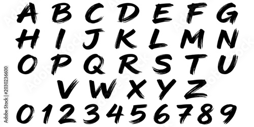 Brush stroke alphabet letters. Brush stroke alphabet letters and numbers, black ink handwritten font style. Artistic typography, expressive design, casual and modern, isolated white.