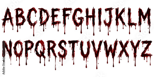Scary blood dripping alphabet letters. Dark red blood dripping alphabet letters, scary horror font, gothic style. Spooky liquid drops, distressed design element, isolated on white background.
