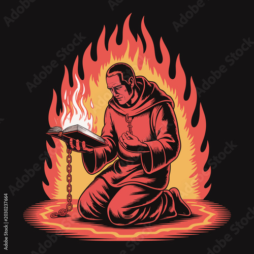 Foto Monk reading book with flames nearby.