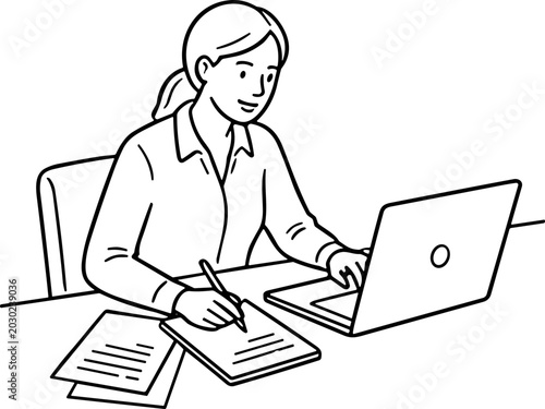 Foto Businesswoman working on laptop and writing notes, simple line art illustration