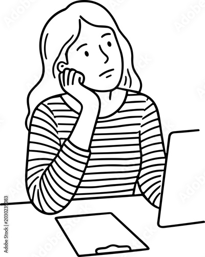 Tableau sur toile Woman feeling bored at desk with laptop, leaning head on hand, minimalist line art illustration