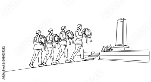 Tableau sur toile Soldiers carrying wreaths march towards a monument in a solemn procession