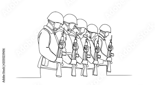 Tableau sur toile Continuous Line Drawing of Soldiers in Uniform Holding Rifles, Military Formatio