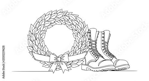 Фотография Military Boots and Laurel Wreath with Ribbon - Symbol of Honor, Victory, and Rem