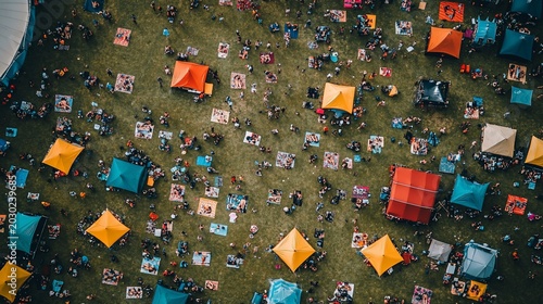Aerial View of a Crowded Outdoor Event with Colorful Tents and People Relaxing