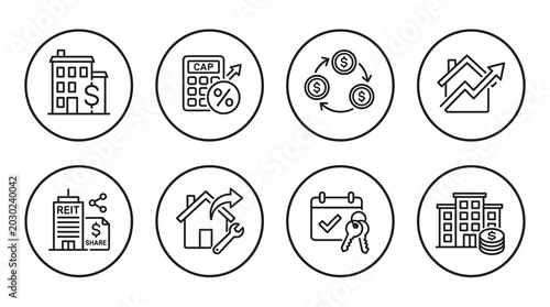 Real Estate and Property Investment vector svg Outline Icons set for Finance and Economy business concepts, depicting money, growth, and development