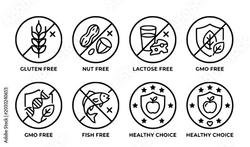 Foto Dietary restriction and allergen free line icon vector collection isolated on wh