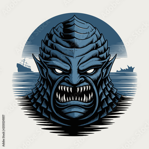 Foto Monster sea creature head closeup illustration.