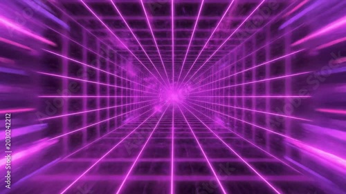 Vibrant neon grid tunnel with a glowing portal at the end, creating a futuristic and digital cyberspace illusion