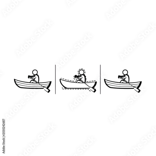 Three sequential illustrations of person rowing a boat.