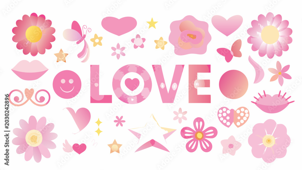 Fototapeta premium pastel pink floral and heart elements with love typography