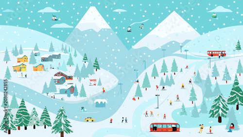 Фотография winter ski resort illustration with mountains and skiers