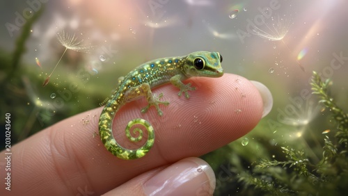 Tiny Little Green Gecko Sitting on a Human Finger in a Magical Forest Macro Illustration