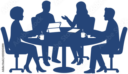 Quadro su tela Business meeting silhouette, team discussing ideas around a table, brainstorming