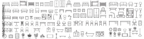 Set of interior furniture CAD icons featuring sofas, tables, chairs, and home appliances in line art style