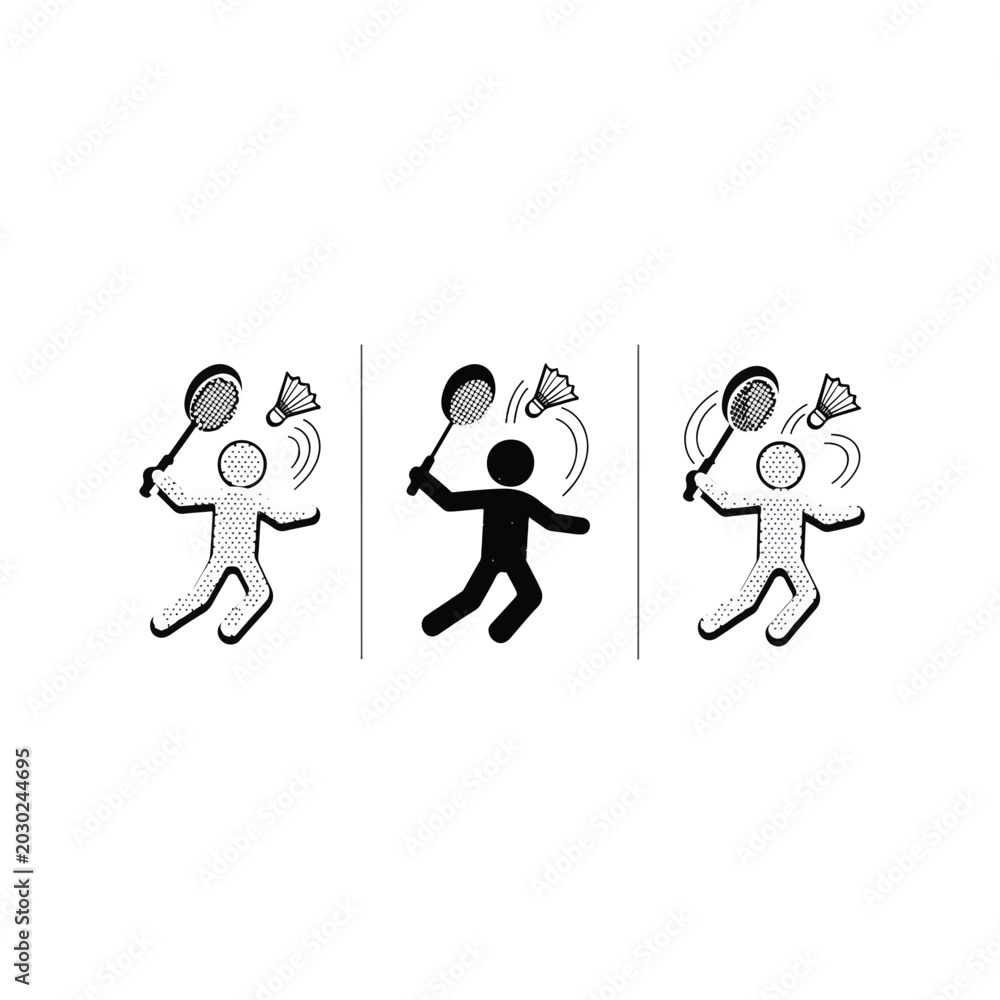 Fototapeta premium Three Cartoon Characters Playing Badminton and Tennis.