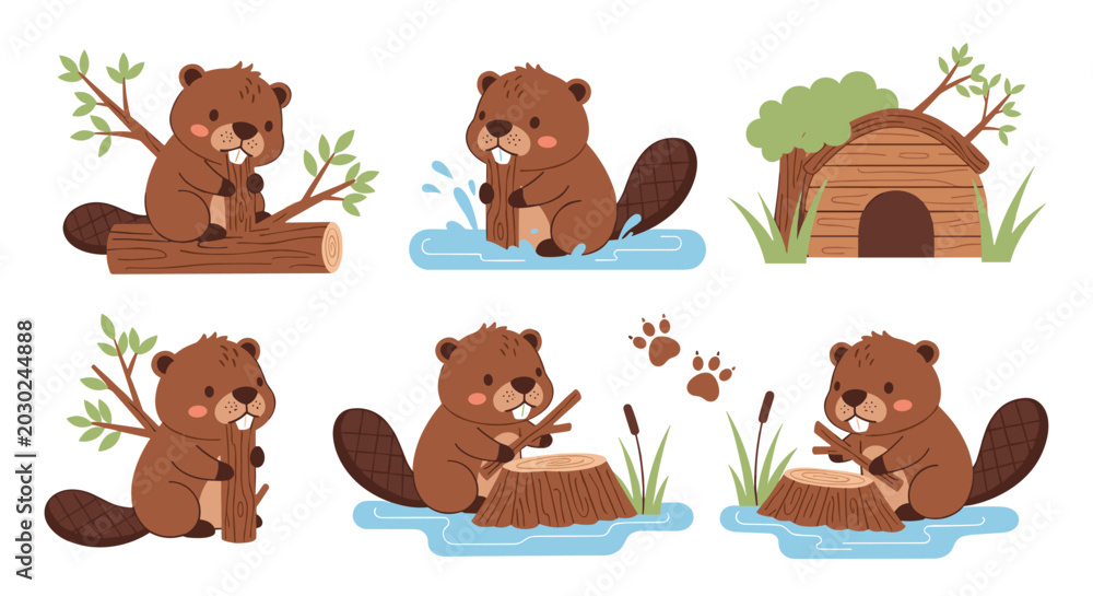 Fototapeta premium Cute cartoon beaver set, building dam and gnawing wood, in various poses with natural elements like trees and water, playful and charming forest