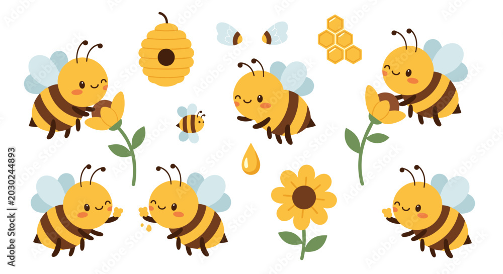 Fototapeta premium Cute bee character collection, happy cartoon bees with flowers, honeycomb and hive, simple vector illustration for children, nature theme