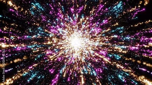 Dynamic vibrant light particles exploding outwards in an abstract cosmic burst, creating a mesmerizing tunnel of energy and movement for futuristic digital backgrounds