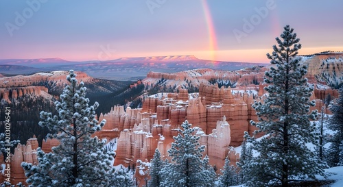 Spectacular Winter Landscape With Snow-Covered Hoodoos And A Rainbow Over Bryce Canyon