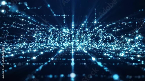 Abstract futuristic glowing blue data network grid with connecting lines and dots, representing digital technology, big data, and global communication in a cyber information stream