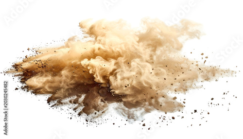 Explosion of Tan Dust and Dirt Particles Isolated on White Background with Soft Lighting